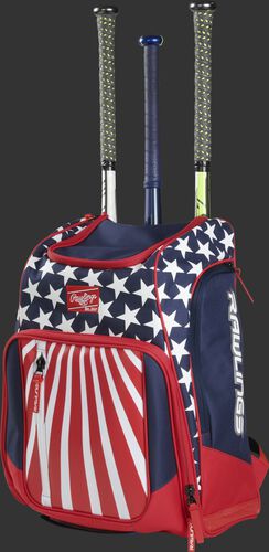 Angle view of a USA Legion baseball bat backpack with 3 bats in the back - SKU: LEGION-USA
