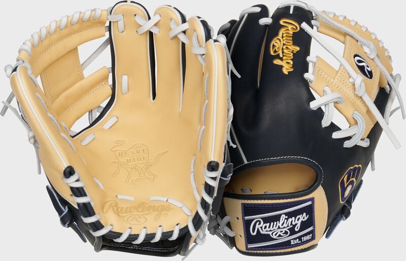 Two images showing the palm & back of a camel/navy Milwaukee Brewers Heart of the Hide glove