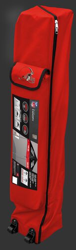 Orange wheeled carry case of a Cleveland Browns canopy with the team logo on the outside compartment - SKU: 02231064111