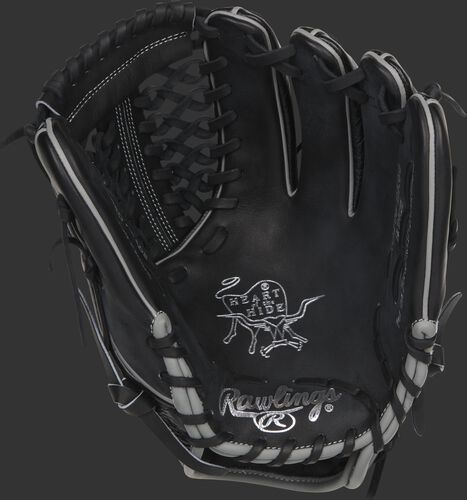 Black palm of a Rawlings Dallas Keuchel glove with silver stamping and black laces - SKU: RSGPRO206-DK60