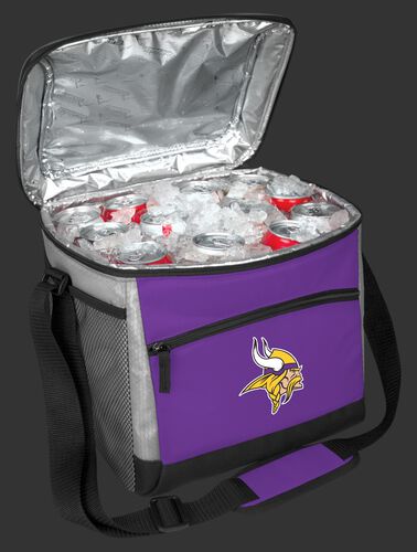An open Minnesota Vikings 24 can cooler filled with ice and drinks - SKU: 10211075111