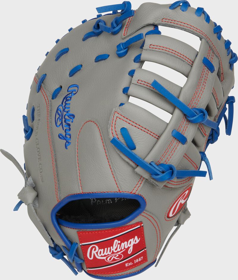Back of a gray Rawlings Freddie Freeman Select Pro Lite First Base Mitt with a red Rawlings patch