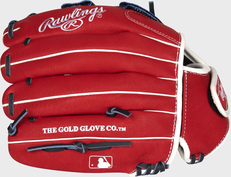 Back of a scarlet Rawlings Sure Catch glove with the MLB logo on the pinky - SKU: SC115BH