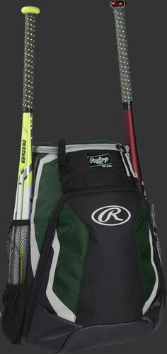 Right side of a black/dark green R500 Rawlings baseball backpack with a white bat in the bat sleeve
