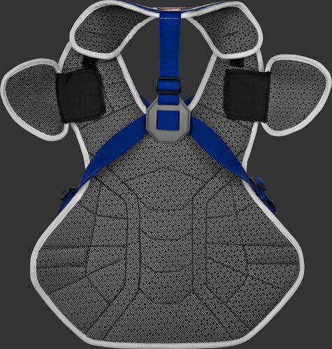 Back of a white/royal CSPZ Salvador Perez gameday model chest protector with royal straps