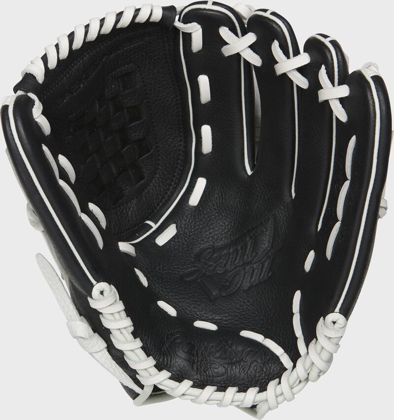 RSO120BW Rawlings Shut Out sofball glove with a black palm and white laces
