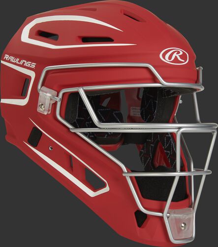 Front right of a scarlet CHV27J Rawlings Velo 2.0 catcher's helmet