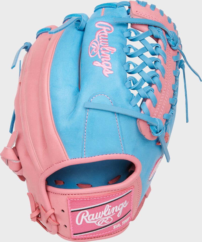 Columbia blue/pink back of a Heart of the Hide R2G Modified Trap-Eze web glove with a pink Rawlings patch - SKU: RPROR204-4CBP