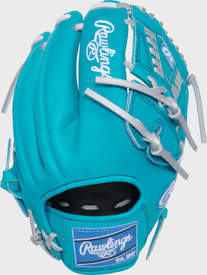 Back of a teal Rawlings Heart of the Hide 11.75-Inch Infield/Pitcher's Glove with a columbia blue Rawlings patch