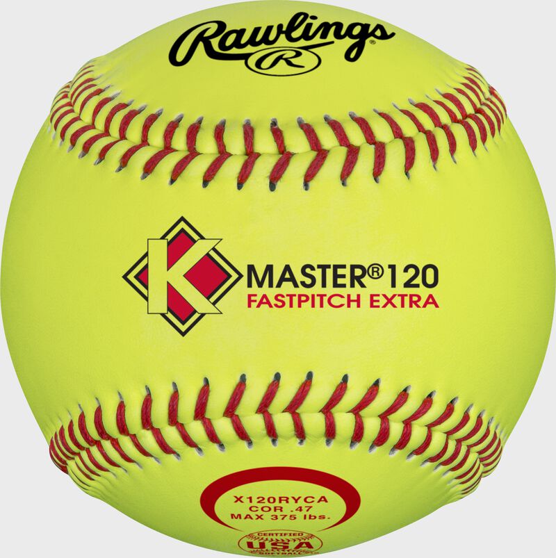 A yellow Rawlings 12-Inch Syco K-Master 120 stitch softball with red seams loading=