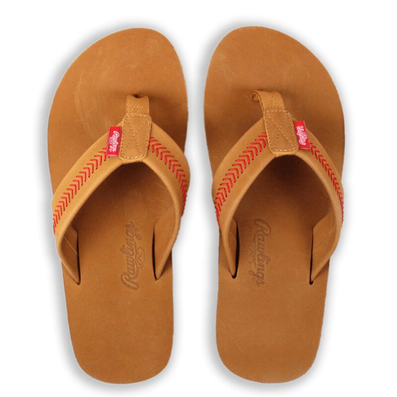 Top of Rawlings Men's Baseball Stitch Nubuck Brown Leather Sandals With Red Baseball Stitch and Brand Name 