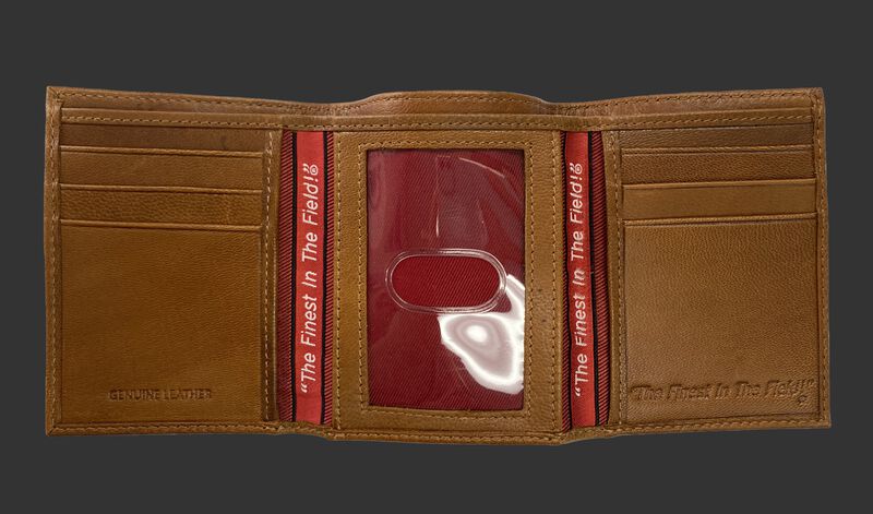 Inside of a tan tri-fold Rawlings debossed stitch wallet with multiple card slots and clear ID window in the middle - SKU: RPW008-204