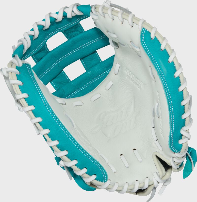 Palm of a white/teal Shut Out 31.5-inch Fastpitch Softball Catcher's Mitt