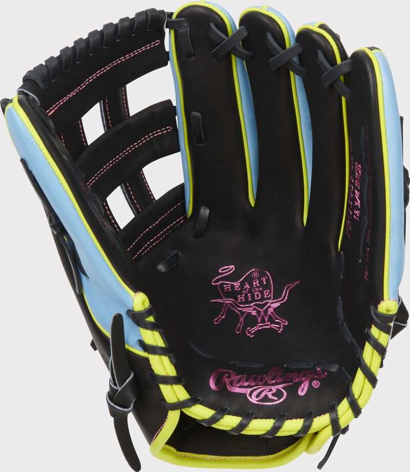 Black palm of a Rawlings ColorSync 8.0 Heart of the Hide outfield glove with pink stamping and black laces - SKU: PRO3039-6BCB