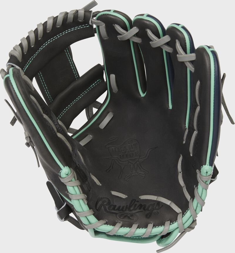 Palm of a dark shadow Rawlings HOH R2G infield glove with gray laces - SKU: PROR204U-2DS