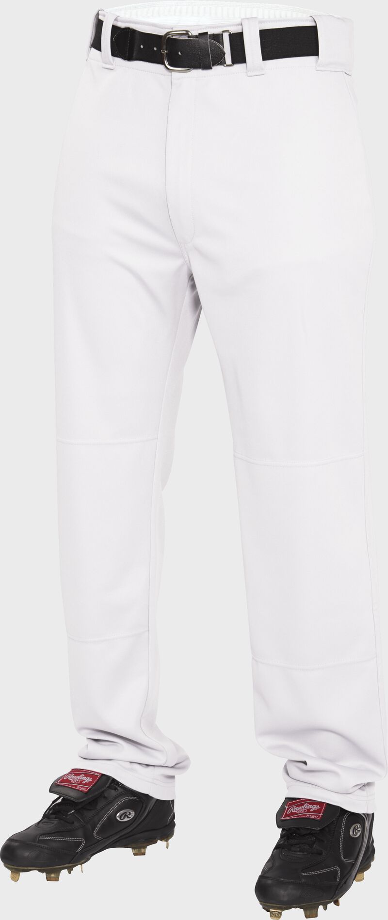 White semi-relaxed baseball pants with a black belt and black cleats - SKU: MODBP31SR-W