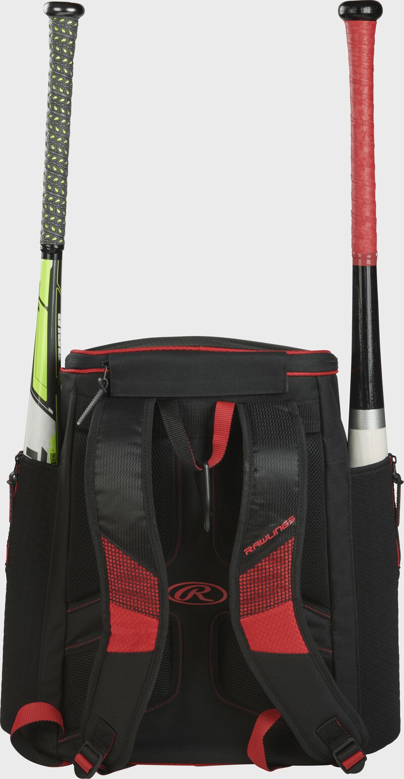 Back of a scarlet/black R600 Rawlings baseball backpack with two bats