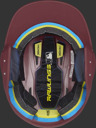 Inside of a Rawlings MACH baseball helmet with IMPAX durable foam padding
