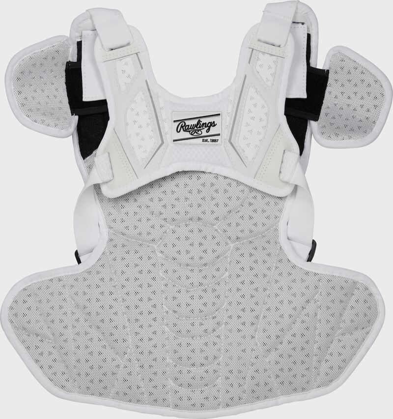 Back of a white/silver Velo softball chest protector