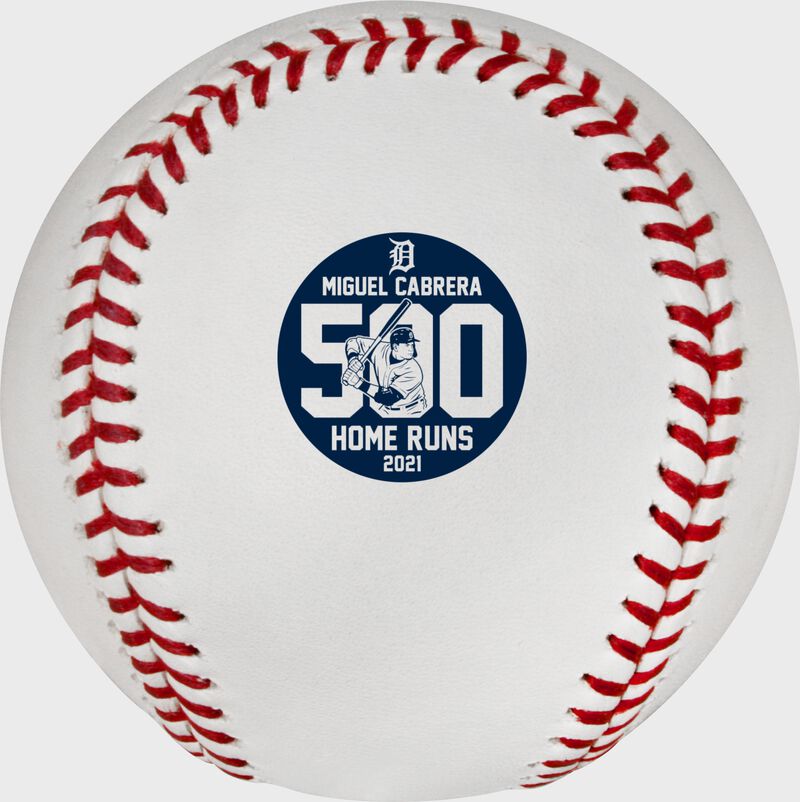 A Miguel Cabrera 500 home runs logo stamped on a MLB baseball - SKU: RSGEA-ROMLBMC500-R