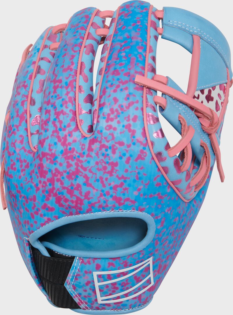 Back of a Columbia blue/pink Rawlings exclusive REV1X 11.75" infield glove