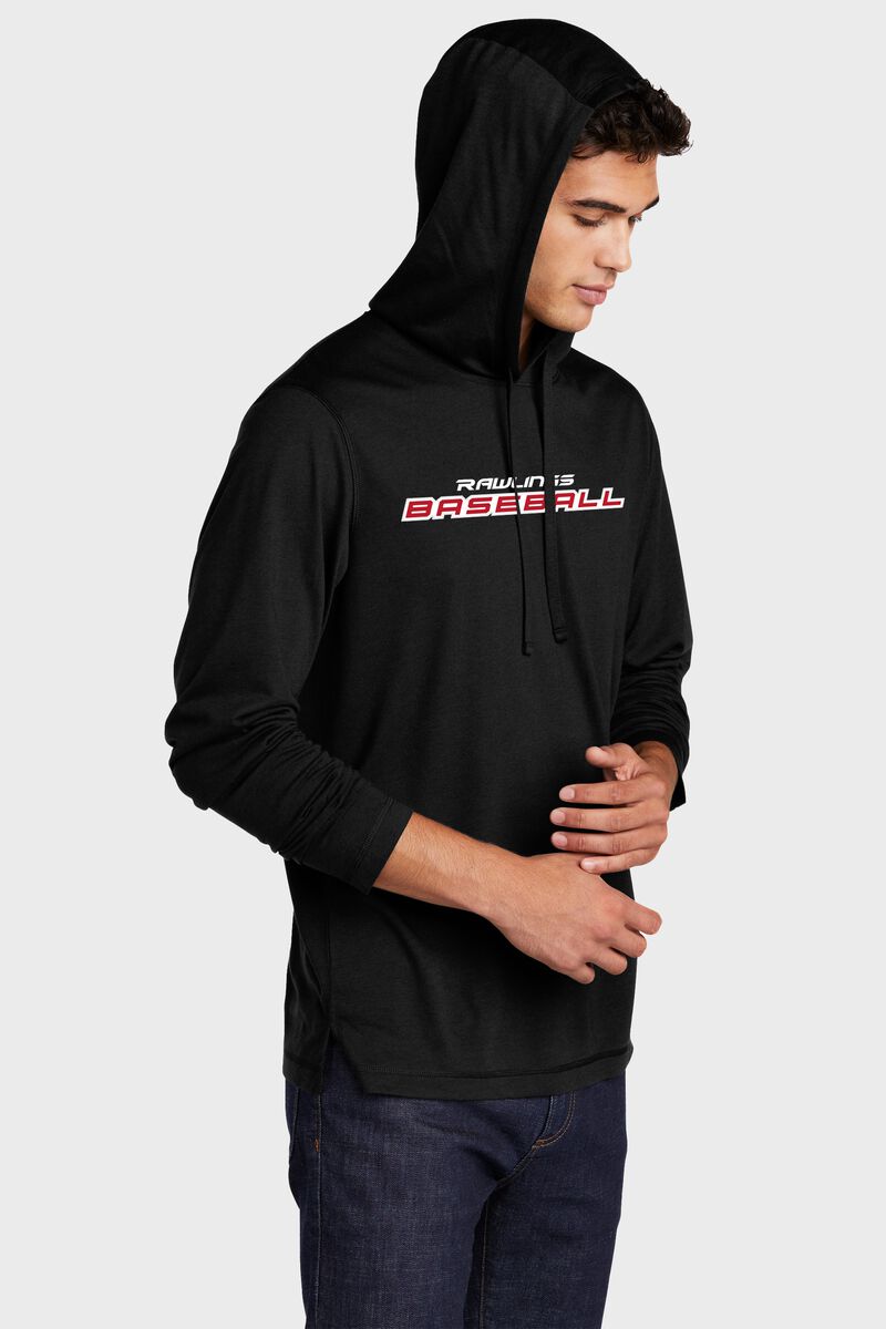 A man wearing a black Rawlings performance hoodie with the hood up over his head - SKU: RSGLH-B