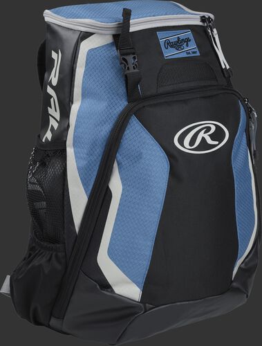 Right side of a black/columbia blue R500 Rawlings Players equipment backpack with white trim