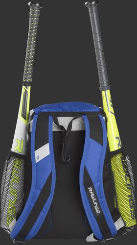 Back of a royal R400 Rawlings youth equipment backpack with royal shoulder straps and two bats