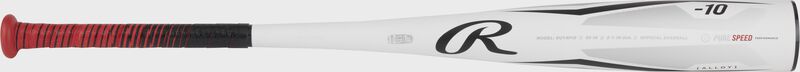 A white Rawlings Peak -10 USSSA bat shown left to right - SKU: RUT4P