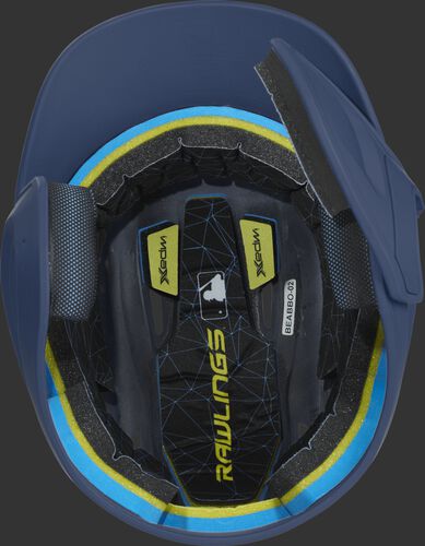 Inside of a MACHEXTR Rawlings MACH baseball helmet with IMPAX durable foam padding