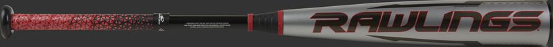 A black Rawlings logo on a gray Quatro Pro -8 bat with black/red Lizard Skins grip - SKU: US1Q8