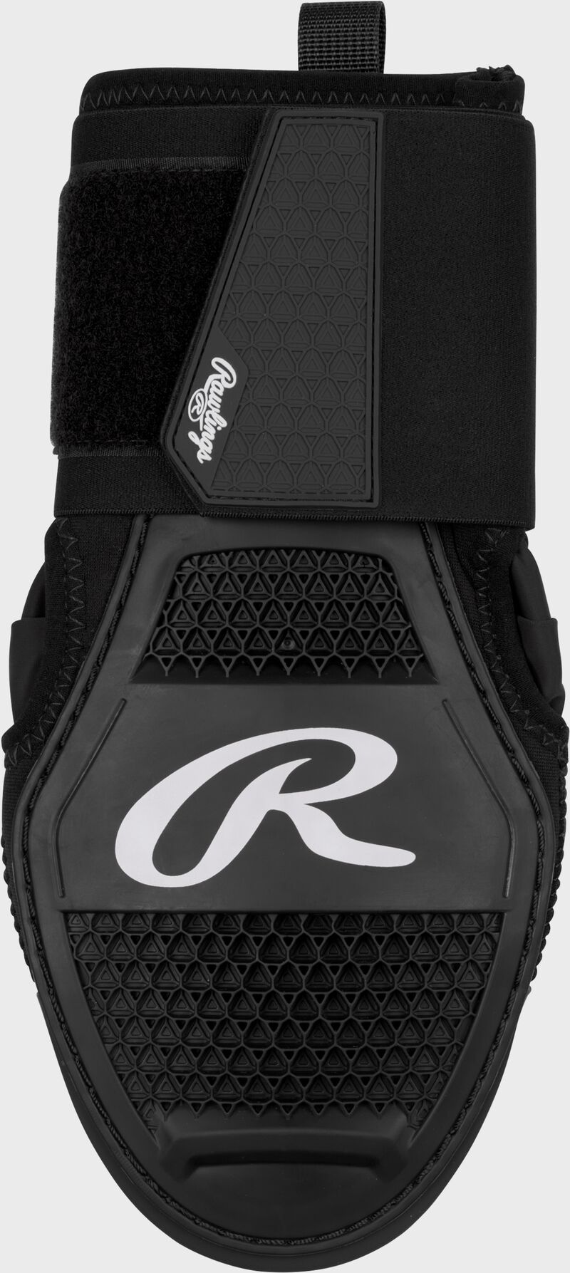 Back of hand of a black Rawlings sliding mitt with a white "R" logo