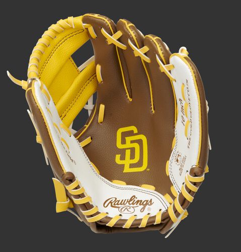 A brown/white Rawlings San Diego Padres youth glove with the Padres logo stamped in the palm - SKU: 22000019111
