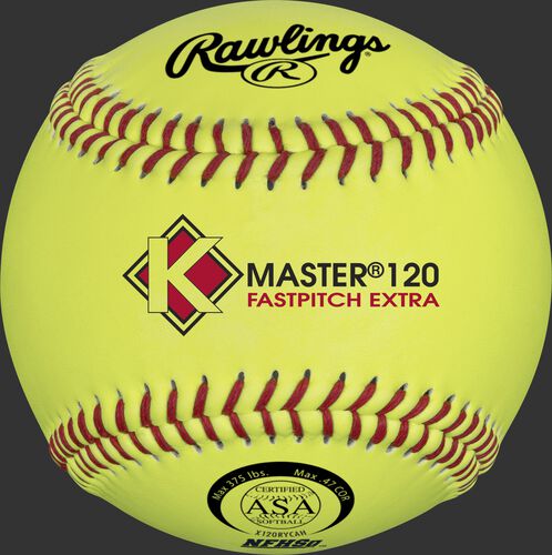 A yellow X120RYCAH K-Master Official 12-inch softball with red stitching