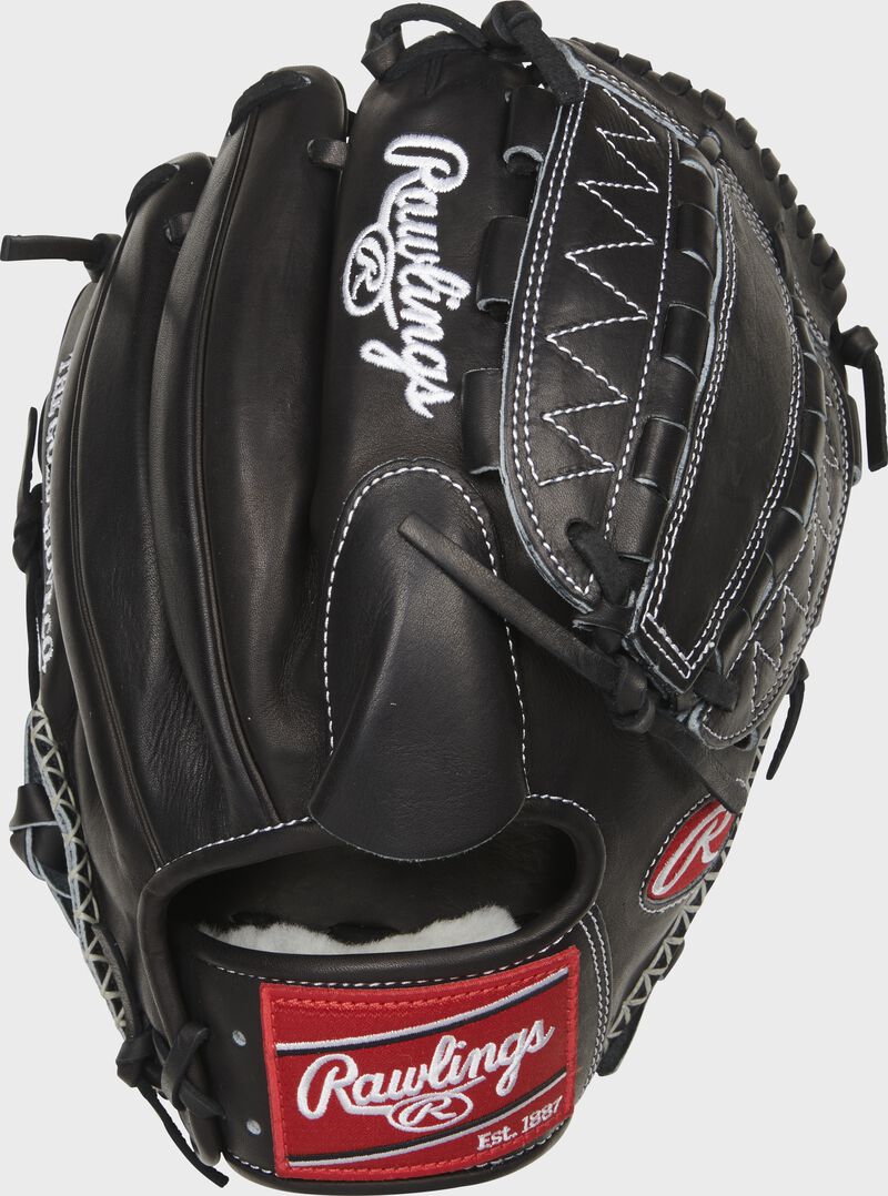 Back of a black Pro Preferred 12-Inch Vertical Hinge web glove with a black finger hood and red Rawlings patch - SKU: PRO1200PRBPRO