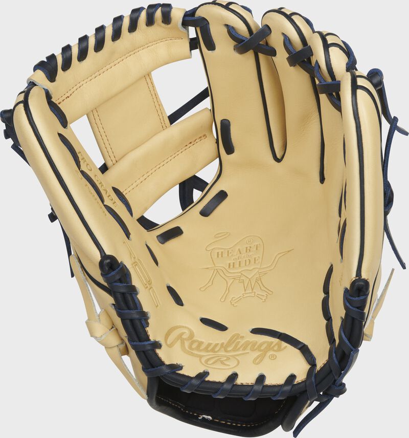 Camel palm of a Rawlings Heart of the Hide R2G ContoUR fit infield glove with navy laces - SKU: PROR234U-2C