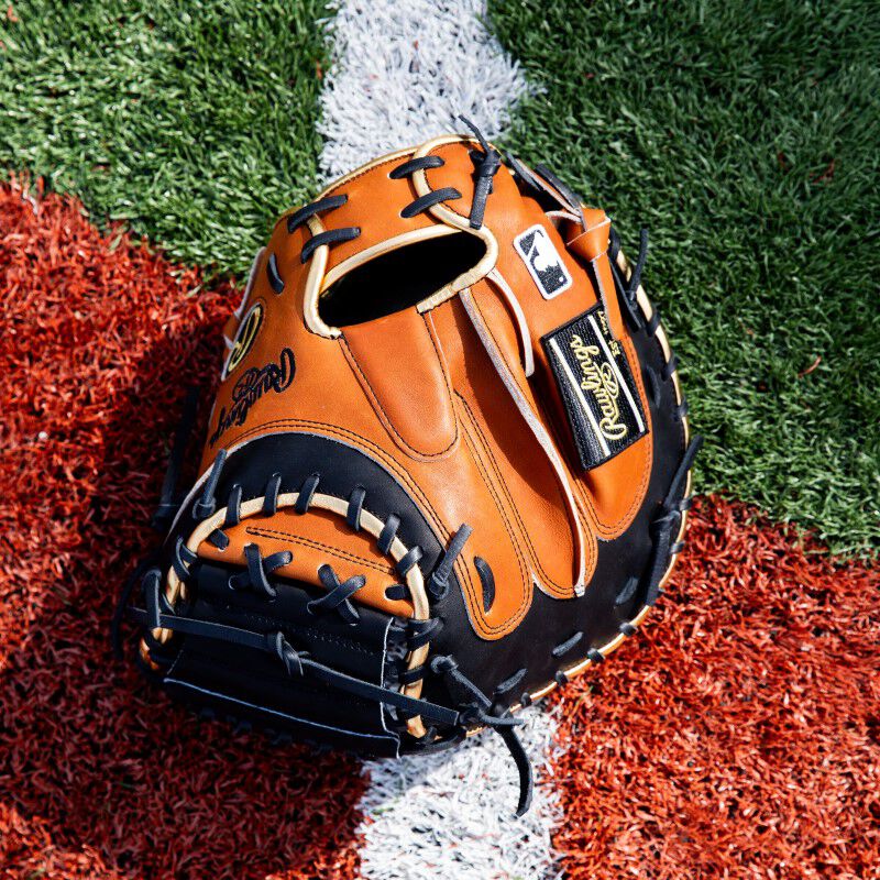 Bird's-eye view of a ColorSync 8.0 HOH catcher's mitt on a field