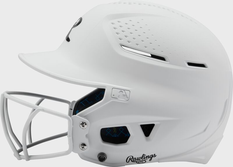 Left side of a white Rawlings RX2 fastpitch batting helmet loading=