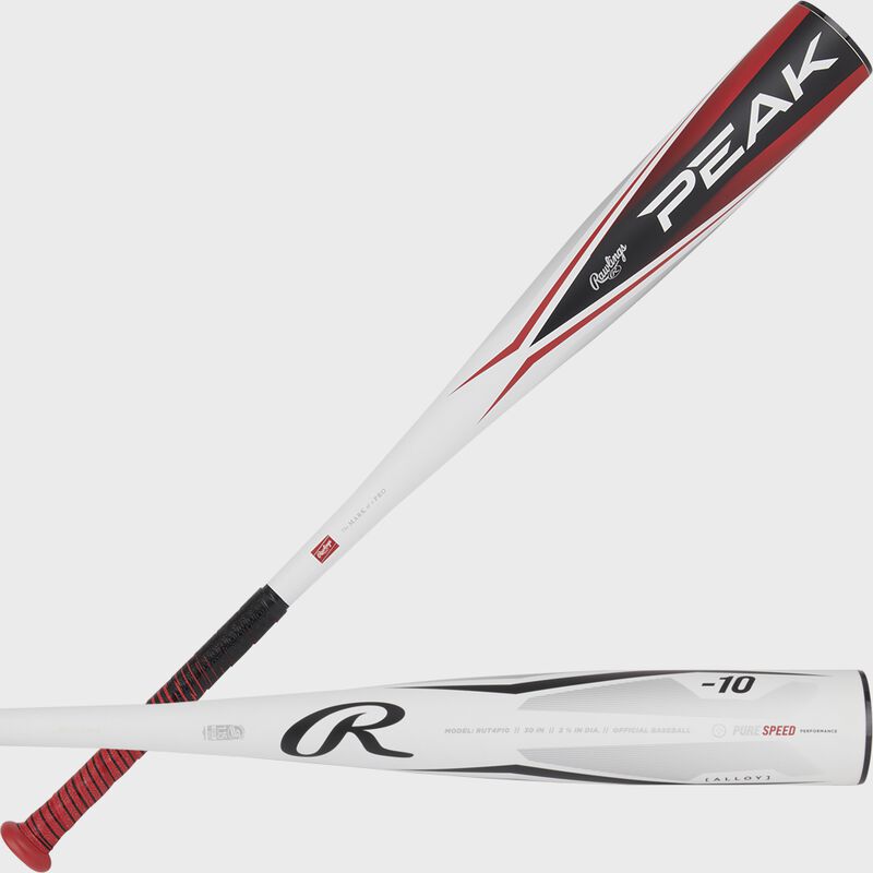 2 views of a white Peak -10 USSSA baseball bat showing both sides of the barrel - SKU: RUT4P