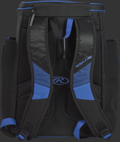 Back of a royal/black R600 Rawlings Players backpack with black shoulder straps