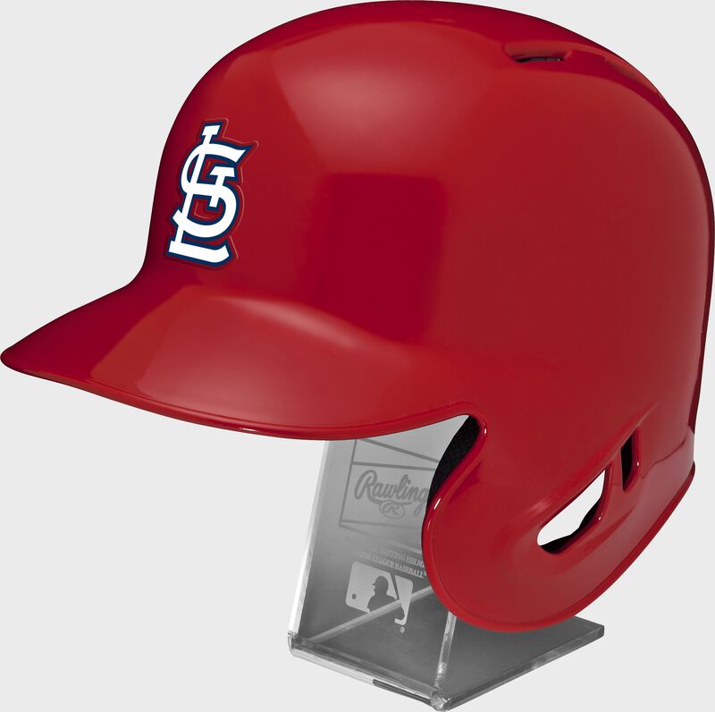 Left angle view of a MLBRL-STL replica St. Louis Cardinals single ear flap helmet on a display stand