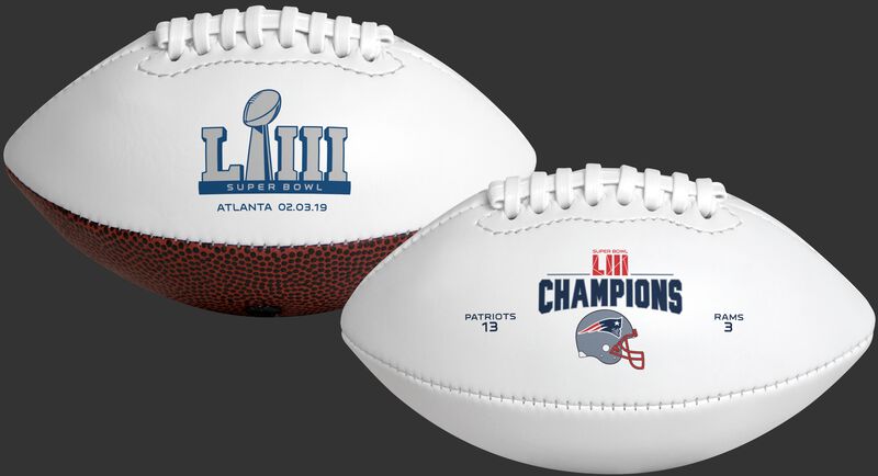 White Super Bowl 53 Champions New England Patriots Youth Size Football With Super Bowl Logo On One Side and Champions Logo On The Other SKU #06571239132