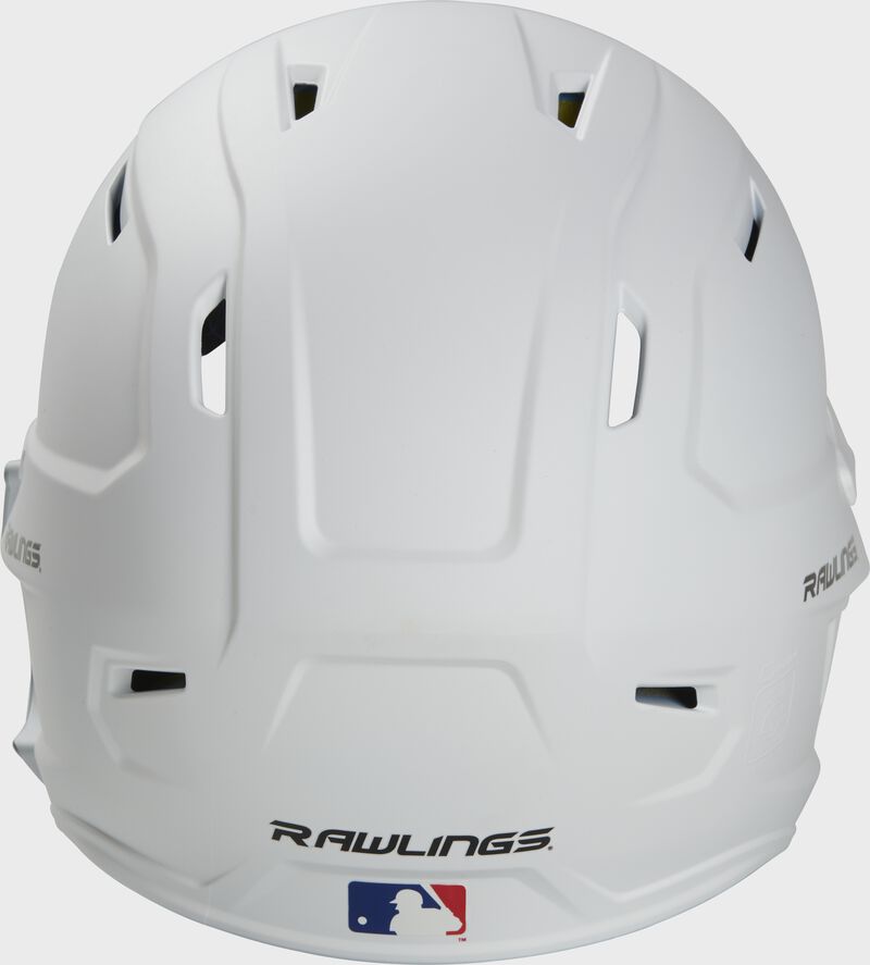 Back of a MACHEXTR high performance junior MACH helmet with a matte white shell and Official Batting Helmet of MLB logo
