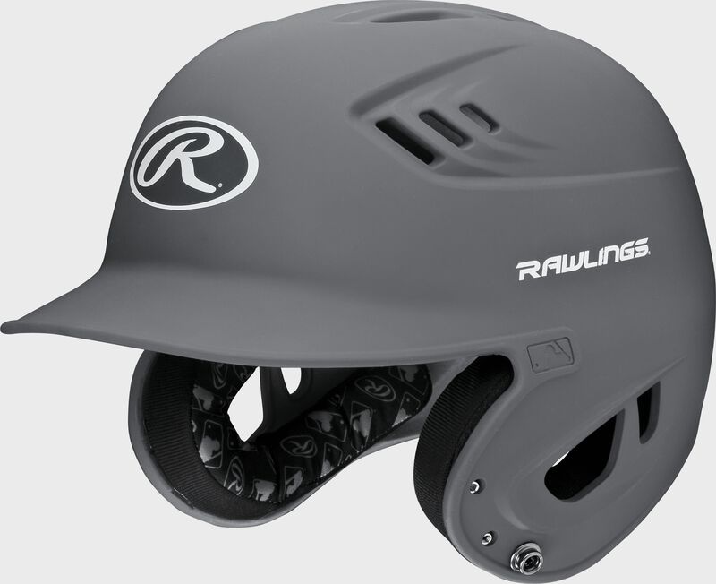 Front left-side view of Graphite Rawlings Velo Matte Batting Helmet - SKU: R16M