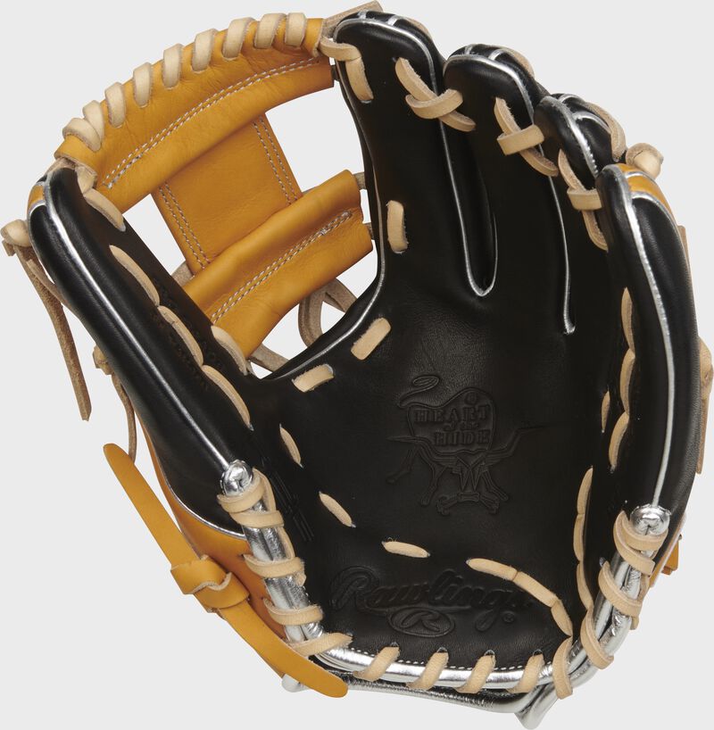 Black palm of a Rawlings Heart of the Hide R2G infield glove with tan laces - SKU: PROR314-2BTC loading=