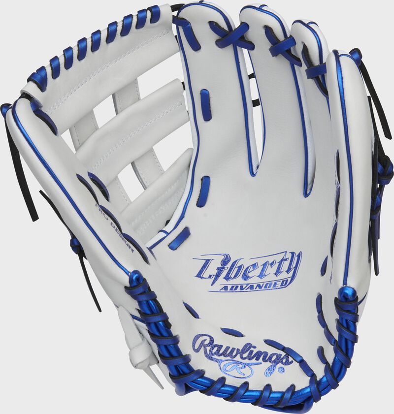 Palm of a white Rawlings Liberty Advanced softball glove with royal laces and royal palm stamp - SKU: RLA130-6WSS
