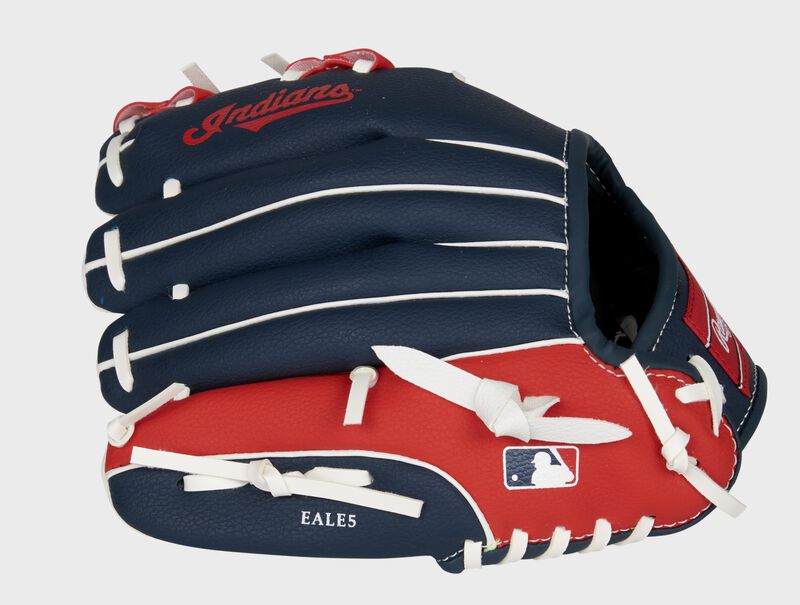 Back of a navy/red Cleveland Indians youth glove with the MLB logo on the pinky - SKU: 22000014111 loading=