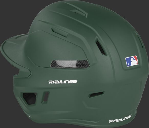 Back left side of a matte dark green CAR07A MACH Carbon batting helmet with air vents on the back