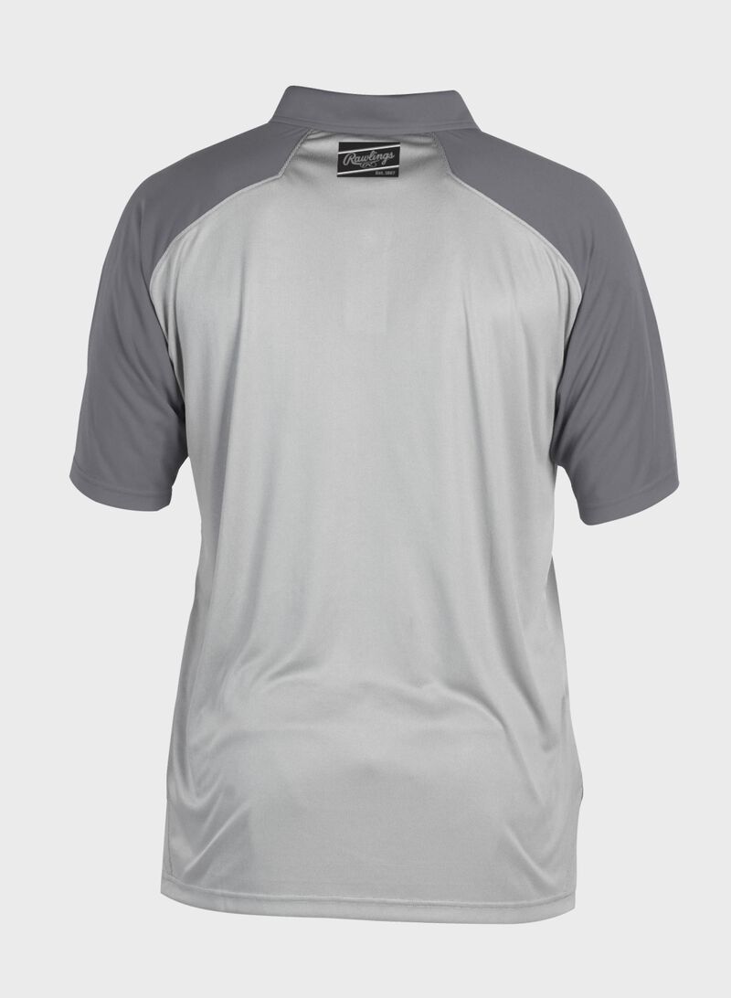 Back of a gray ColorSync polo with dark gray sleeves and a black Rawlings patch on the back neckline - SKU: CSP-BG/GR loading=
