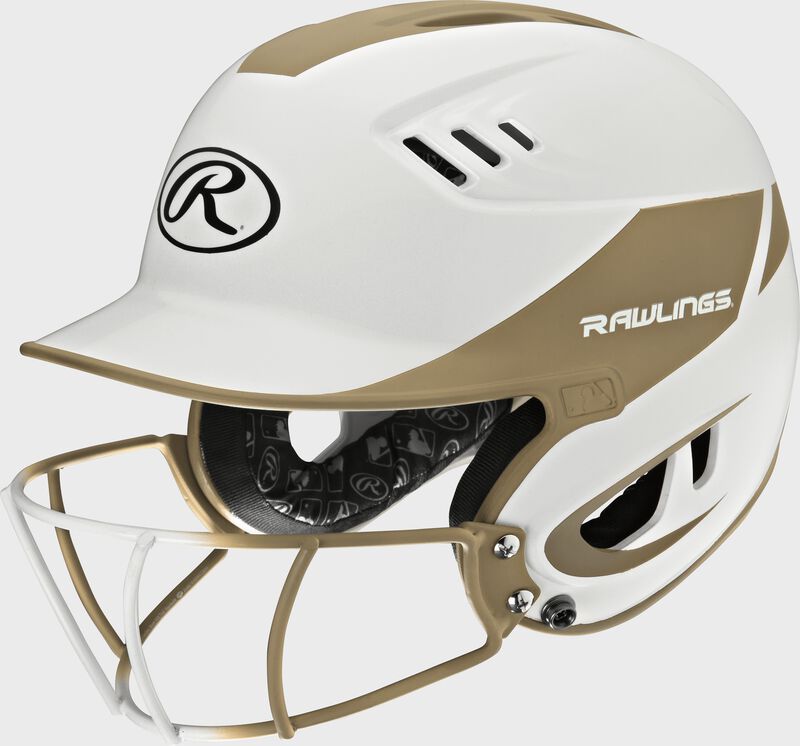 A white/vegas gold R16H2FGS Velo senior batting helmet with a white/vegas gold facemask loading=